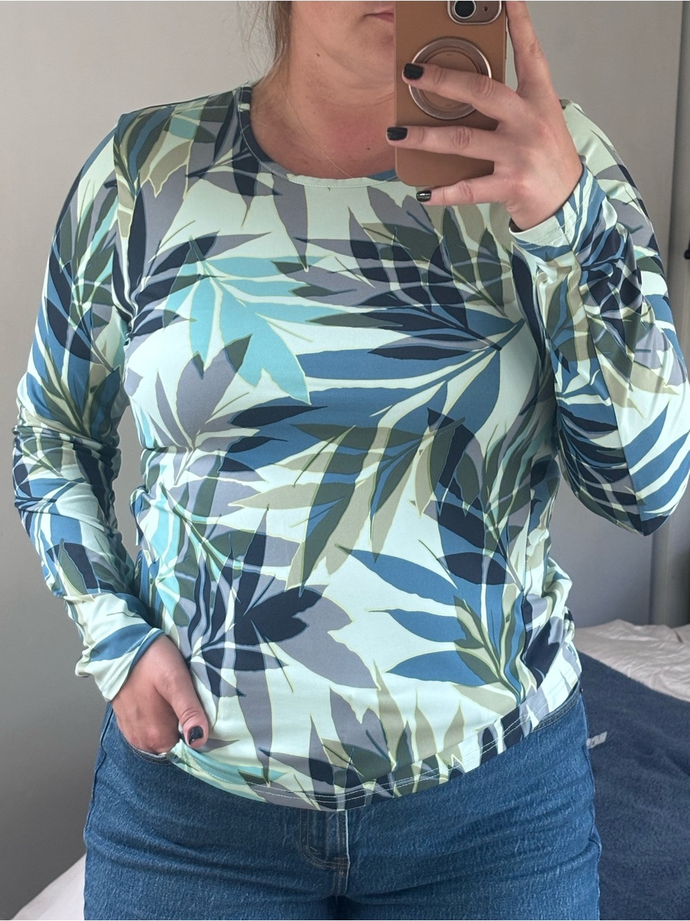 Hang Ten Long Sleeve Leaf-Print Top in Aqua, Blue, Green- UV Protection 50+